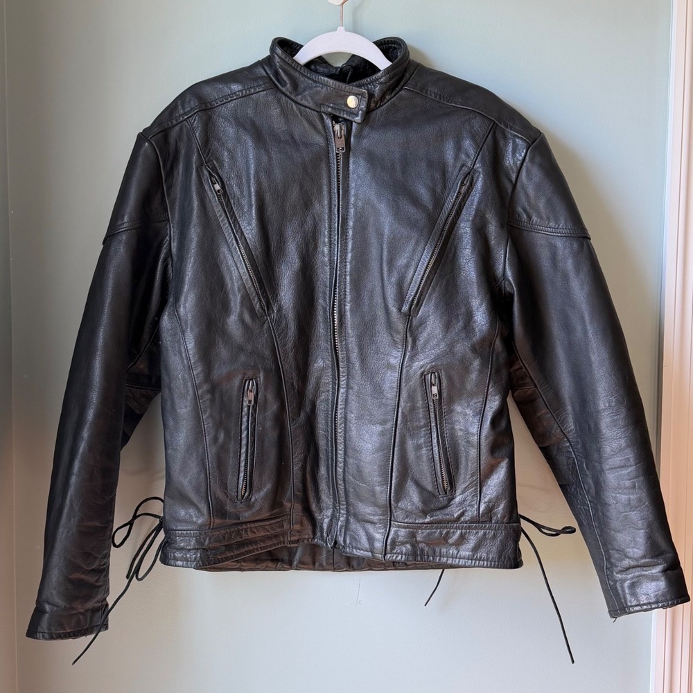VTG Jim Leather Women's Black Leather Motorcycle Jacket Side Lace Biker Moto XL